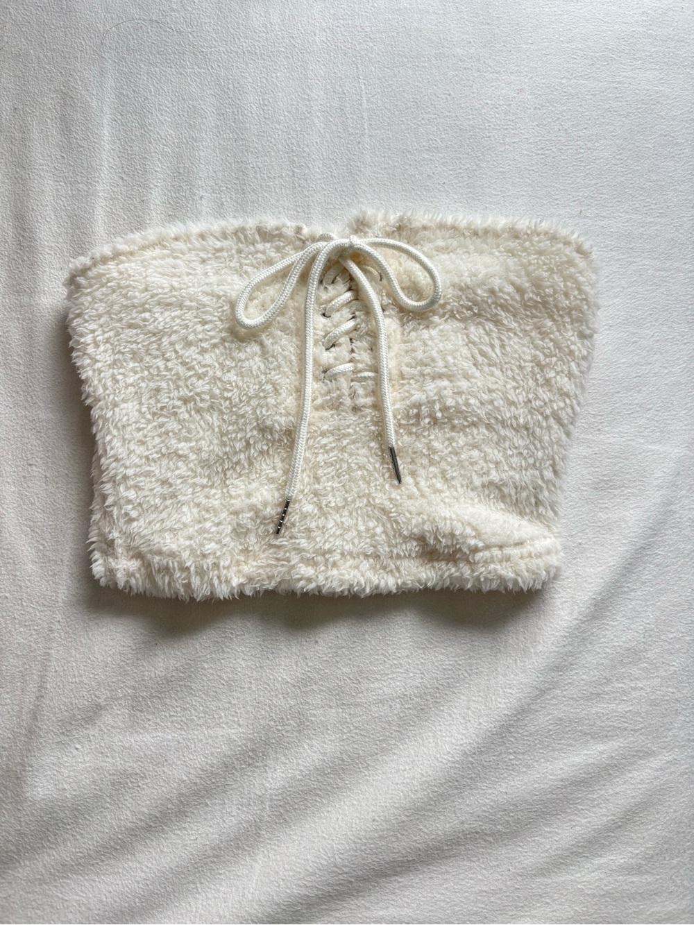 Cream Fuzzy Tube Top with Lace-Up Detail